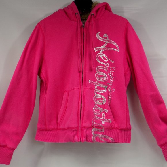 Aeropostale Tops - Aeropostale Eighty Seven Faux Fir Lined Pink Zip Front Hoodie Size XL Juniors
